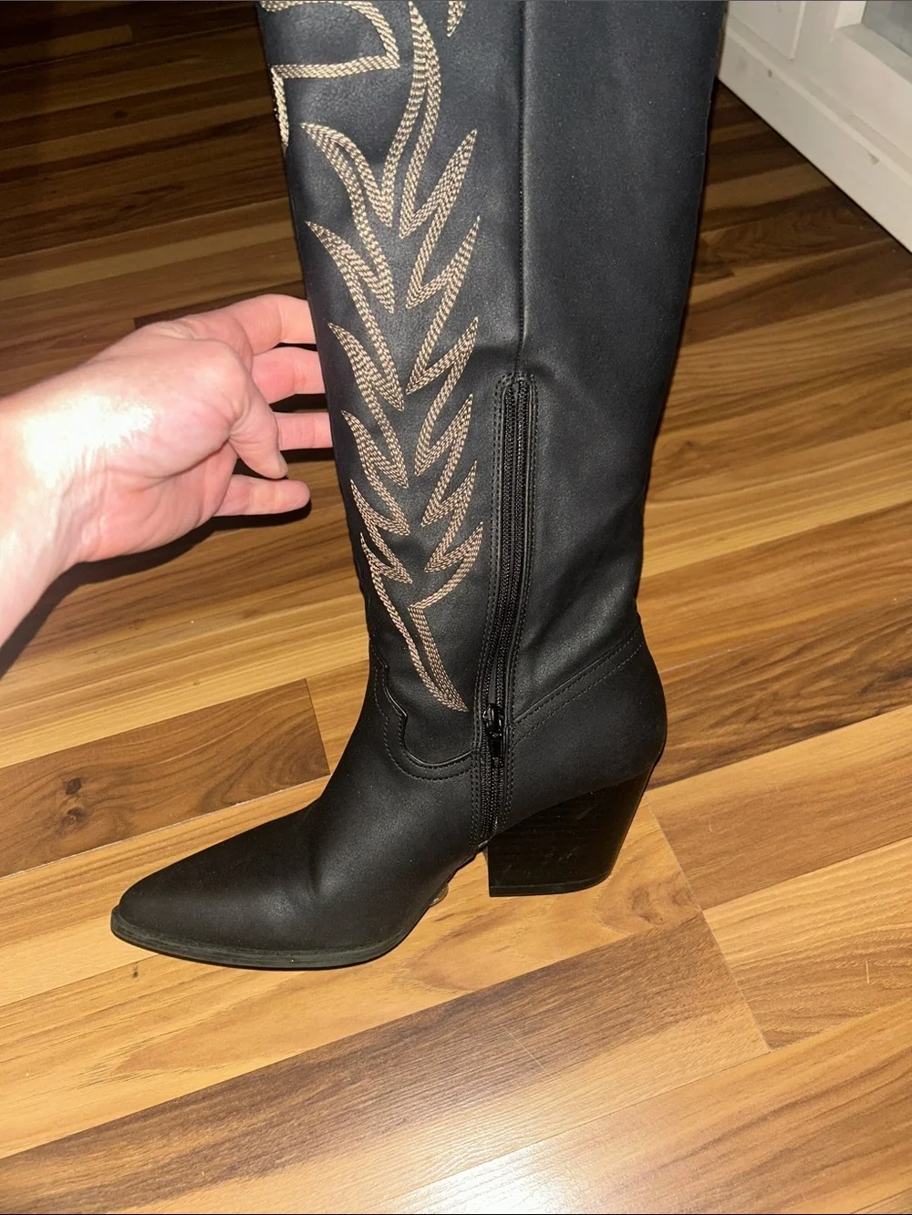 Qupid Black Over-the-Knee Western Boots with Taupe Embroidery